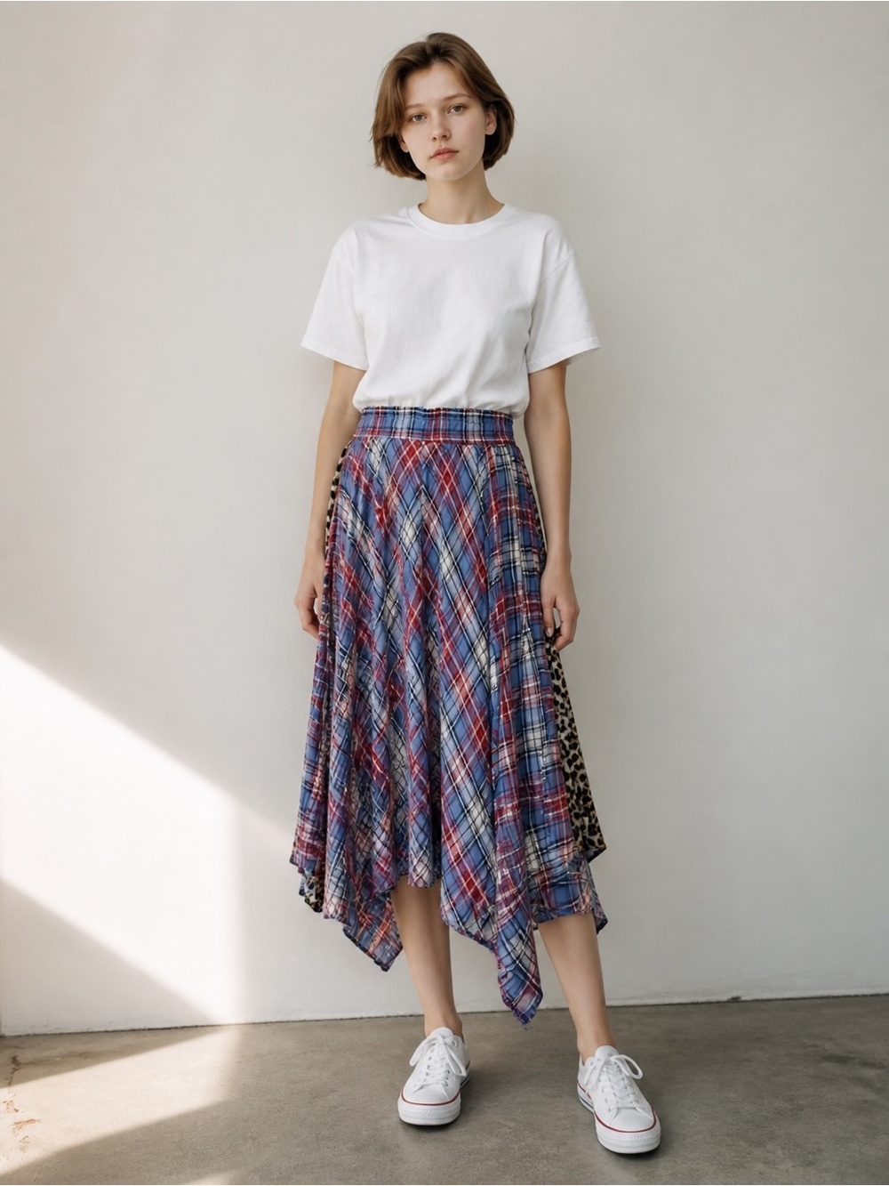 Mixed Plaid Handkerchief Maxi Skirt in Blue and Red